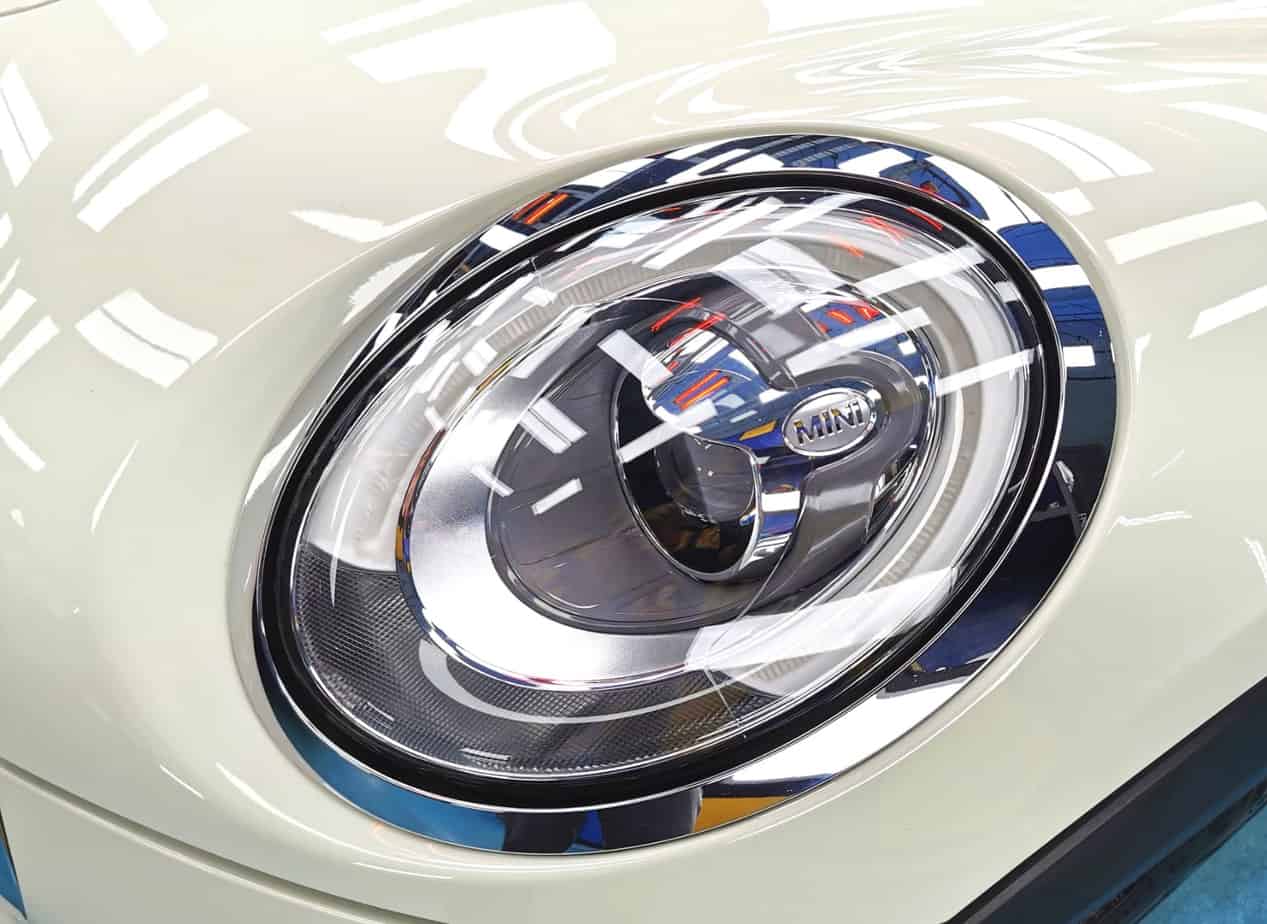 The Cooper S's coated paintwork showing clean reflections.
