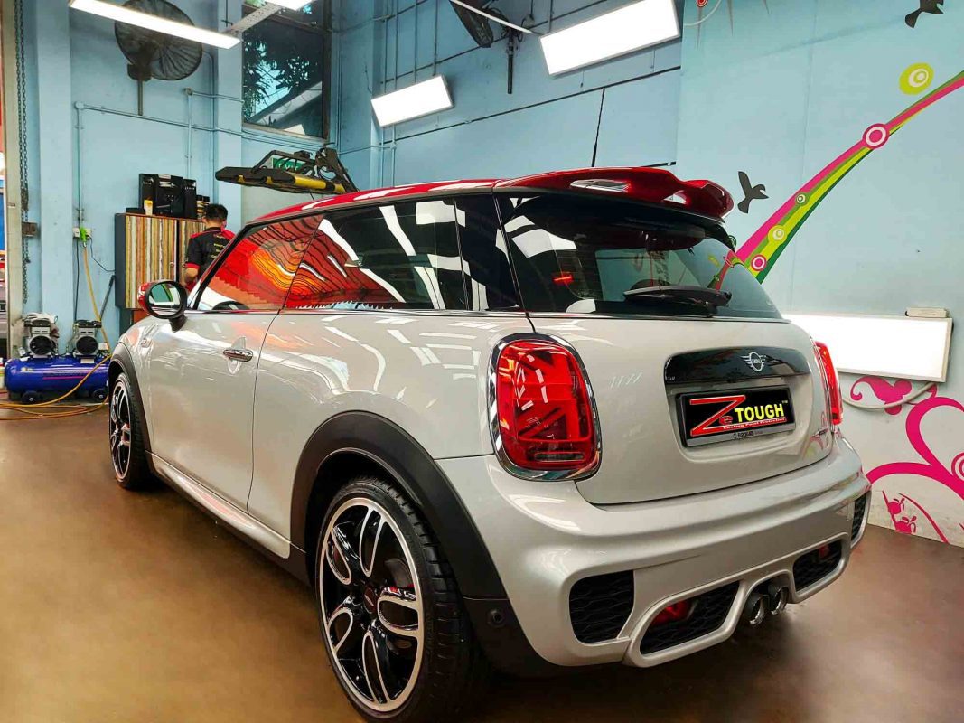 Rear quarter of the MINI JCW, glossy and protected.