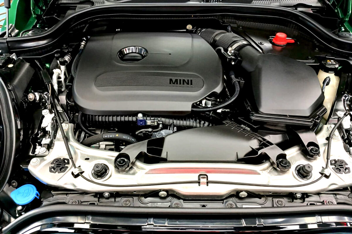 Front three-quarter view of the MINI John Cooper, freshly coated.