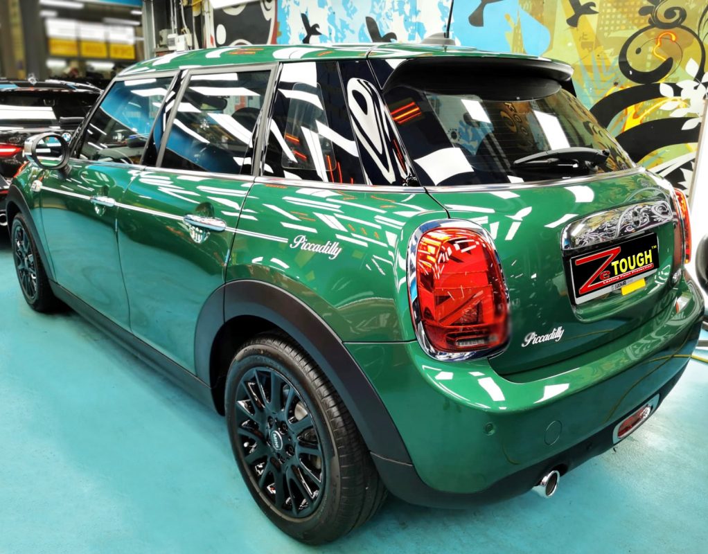 Rear quarter of the MINI One, glossy and protected.
