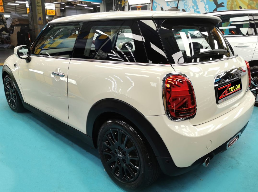 Rear three-quarter view of the coated MINI One.