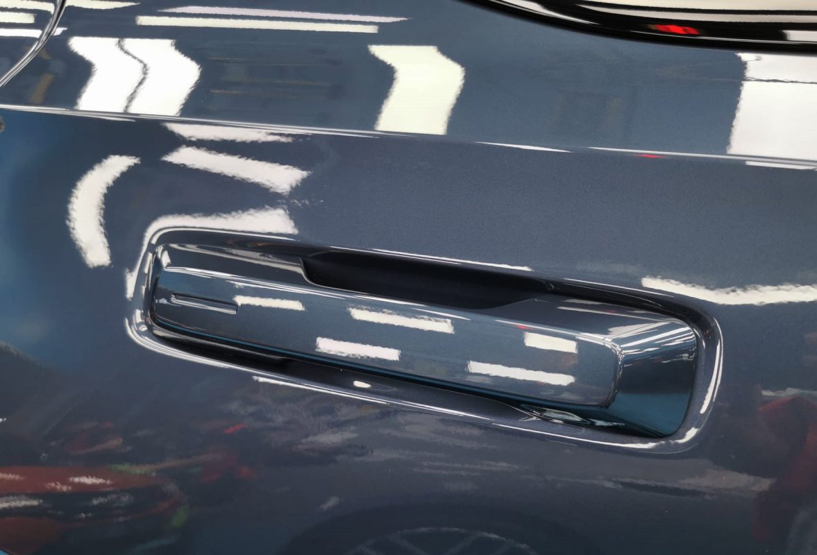 Front three-quarter view of the Polestar 2 after coating.