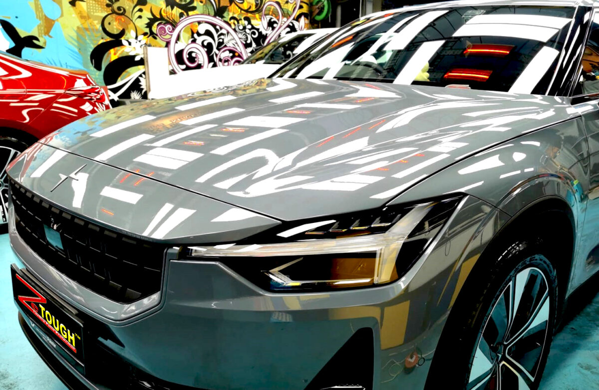Side view of the Polestar 2 after the titanium coating.