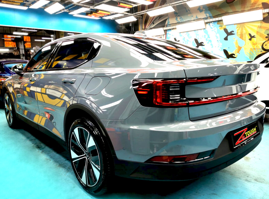 Side panel of the Polestar 2 with the titanium finish locked in.