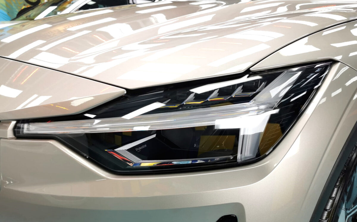 The Polestar 2's coated paintwork holding clean reflections.