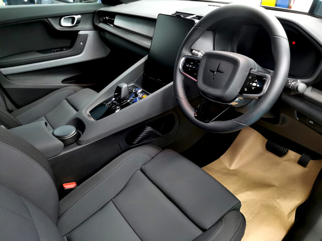 Front three-quarter view of the Polestar 2, freshly coated.