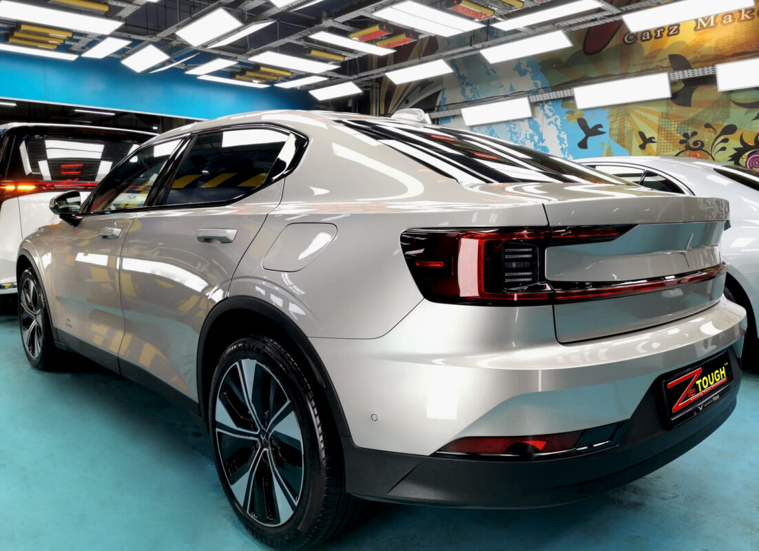 The Polestar 2 parked in the workshop after coating.