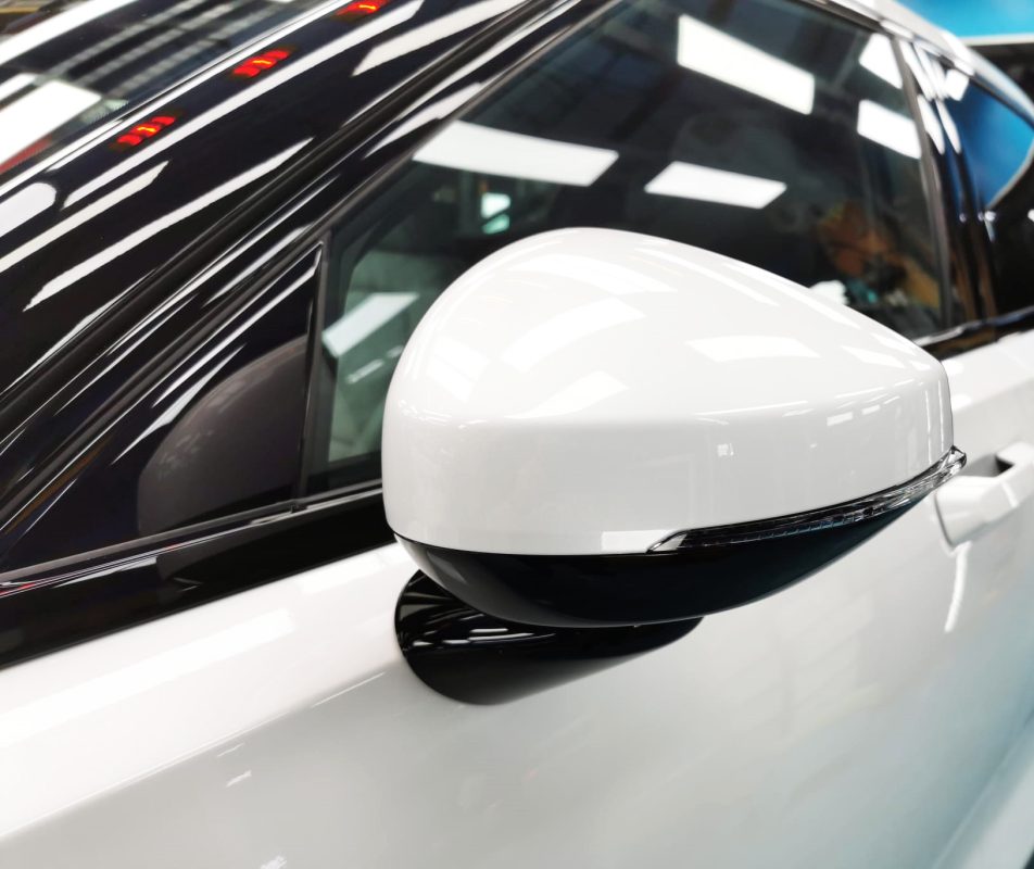 Side panel of the Polestar 2 with the ceramic finish locked in.