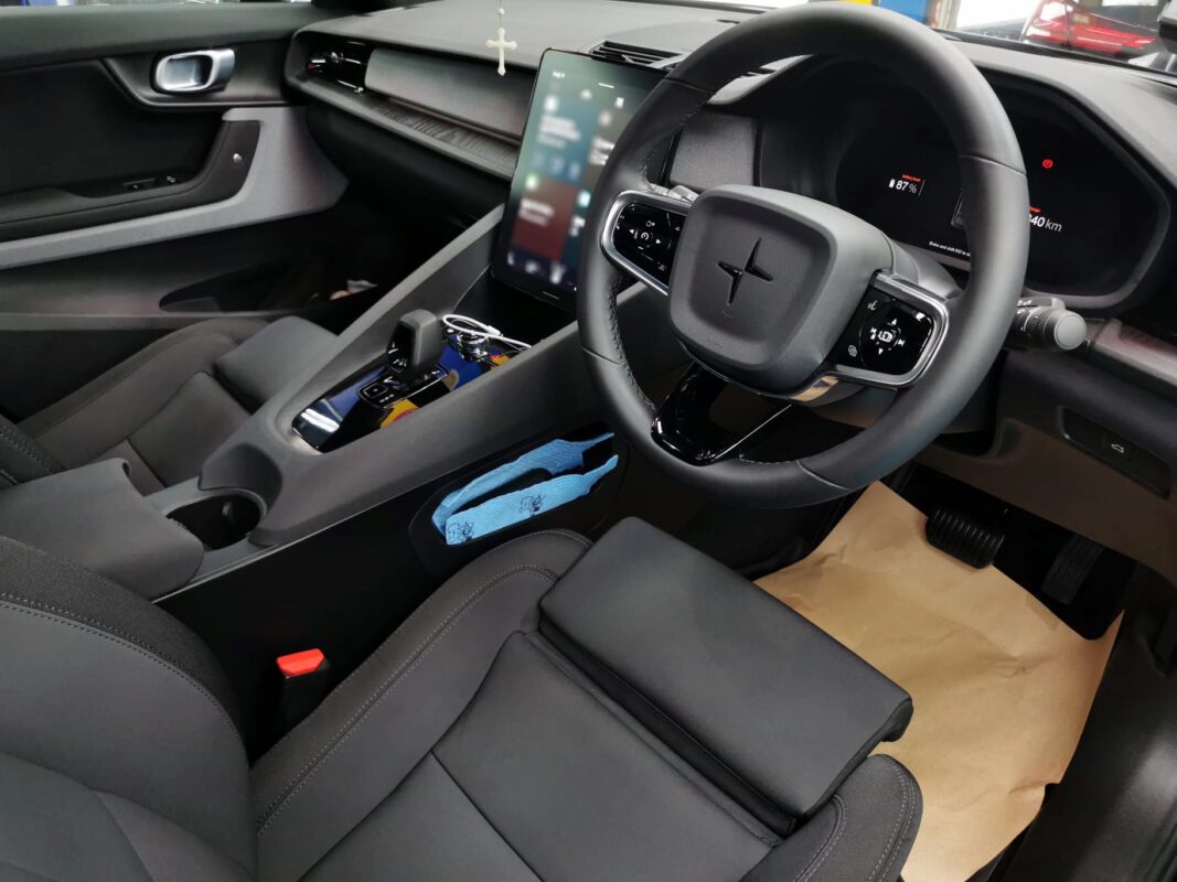 Front three-quarter view of the Polestar 2 after coating.