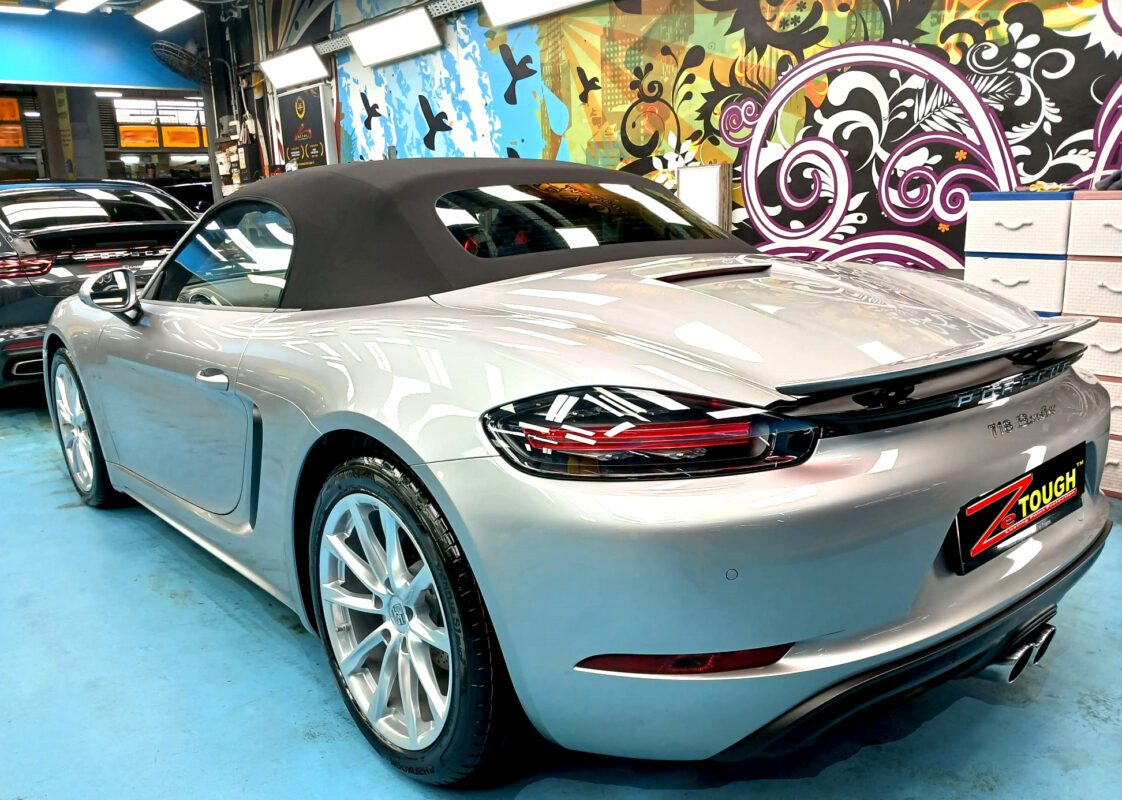 The Porsche 718 Boxster parked in the workshop after coating.