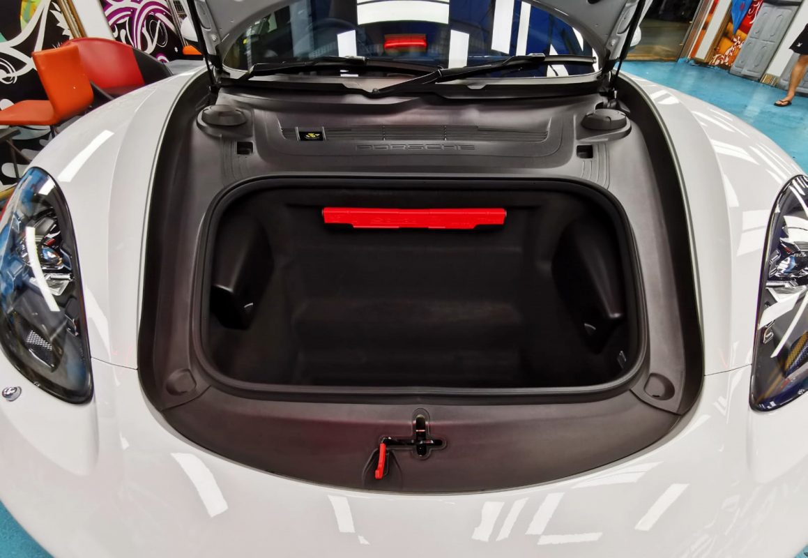 Front three-quarter view of the Porsche 718 Cayman after coating.