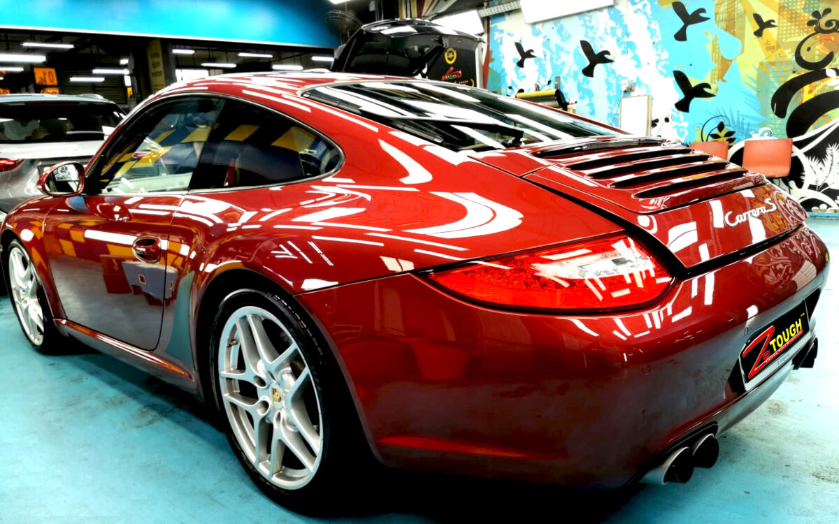 The Porsche 911 Carrera S parked in the workshop after coating.