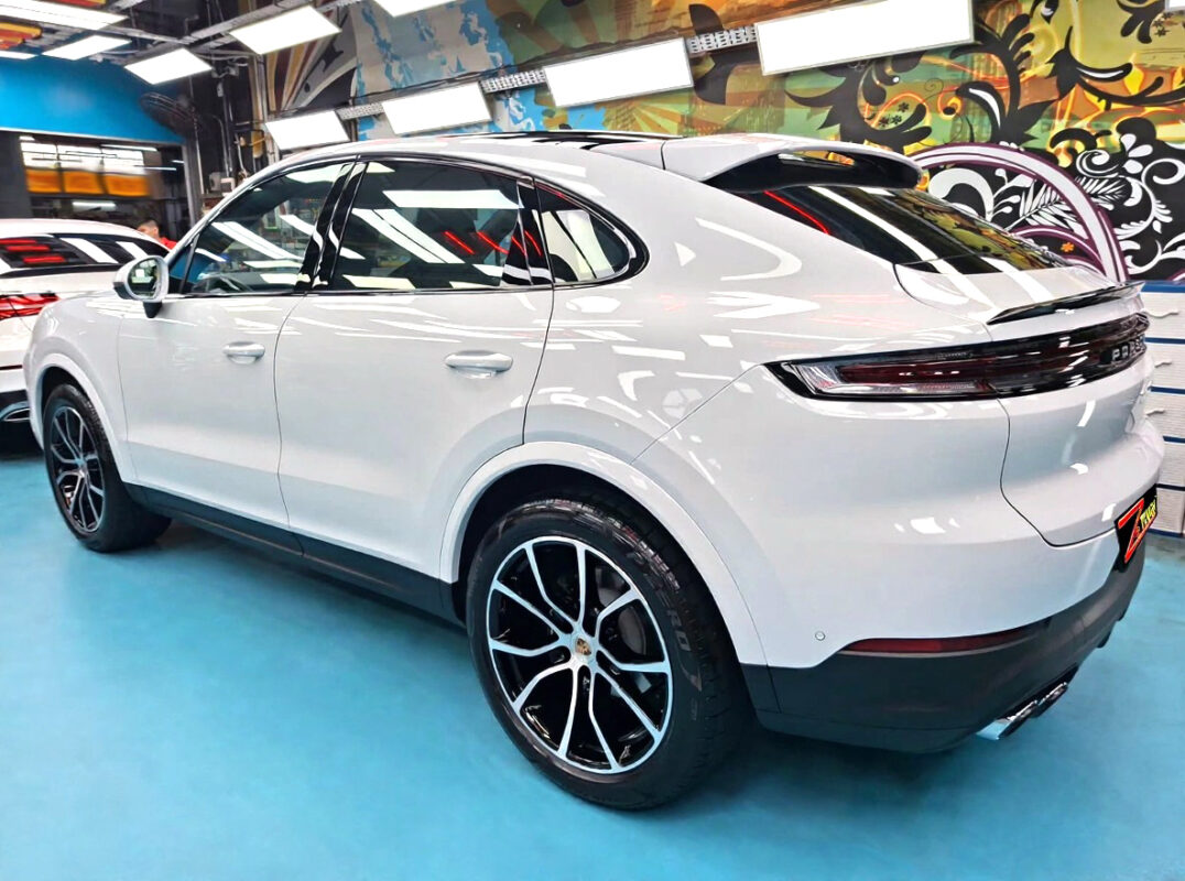 Front three-quarter view of the Porsche Cayenne after coating.