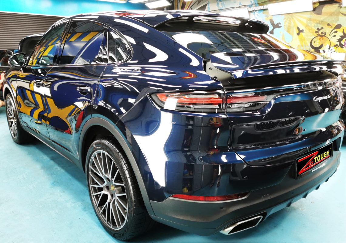 Rear quarter of the Cayenne, glossy and protected.