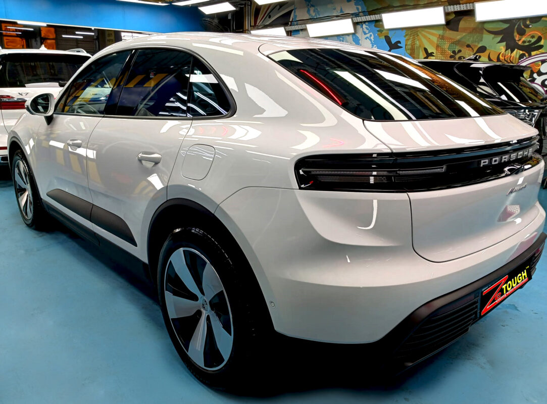 The Macan parked in the workshop, freshly coated.