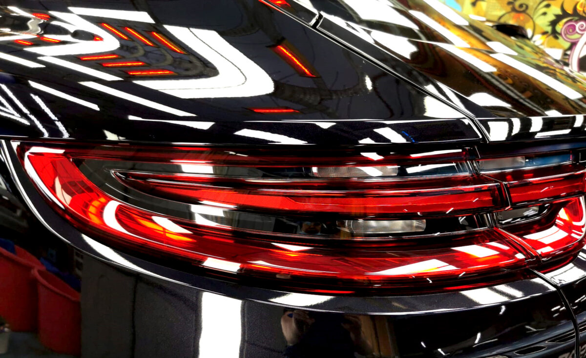 Close detail of the Panamera 4's coated bodywork.