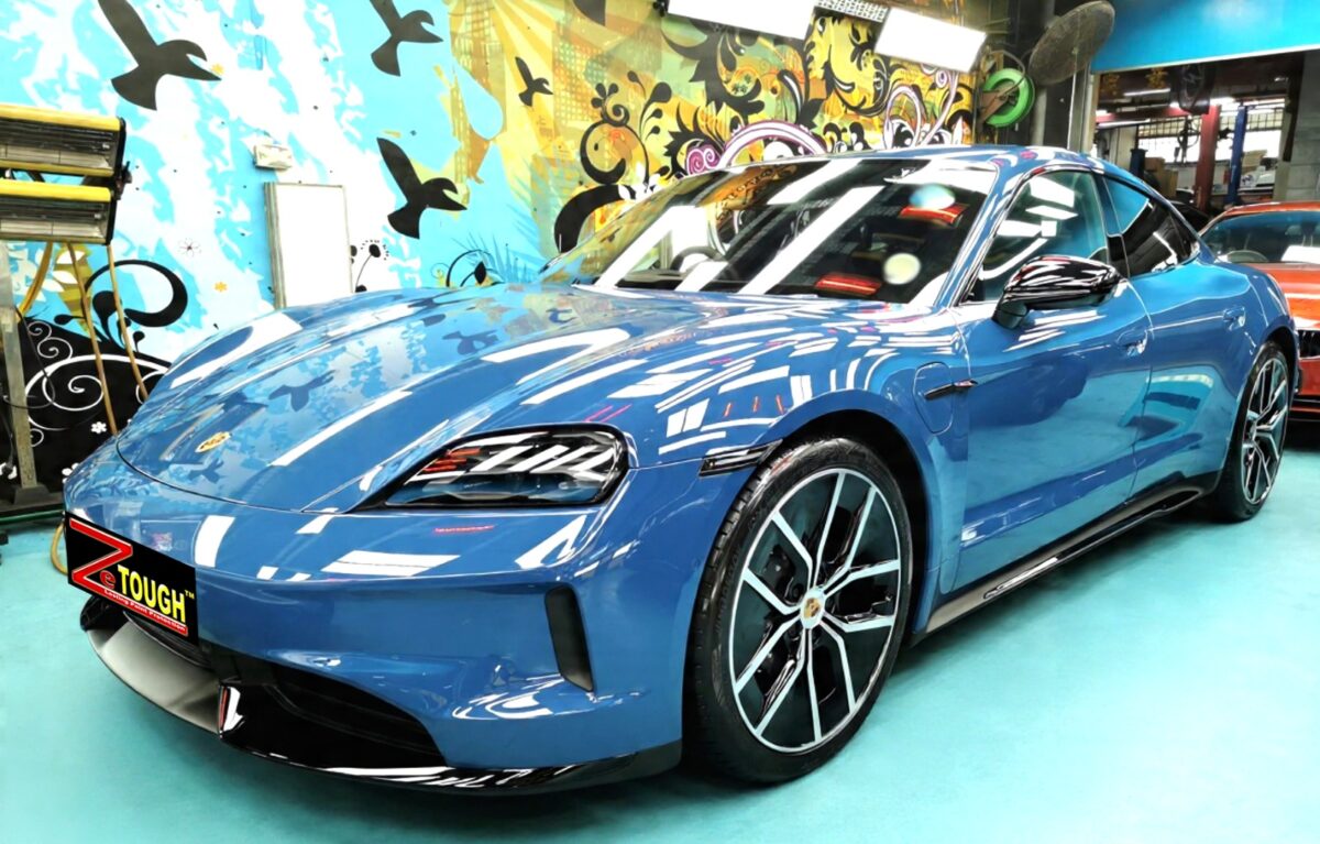 Porsche Taycan, glossy after its ZeTough Ceramic coating.
