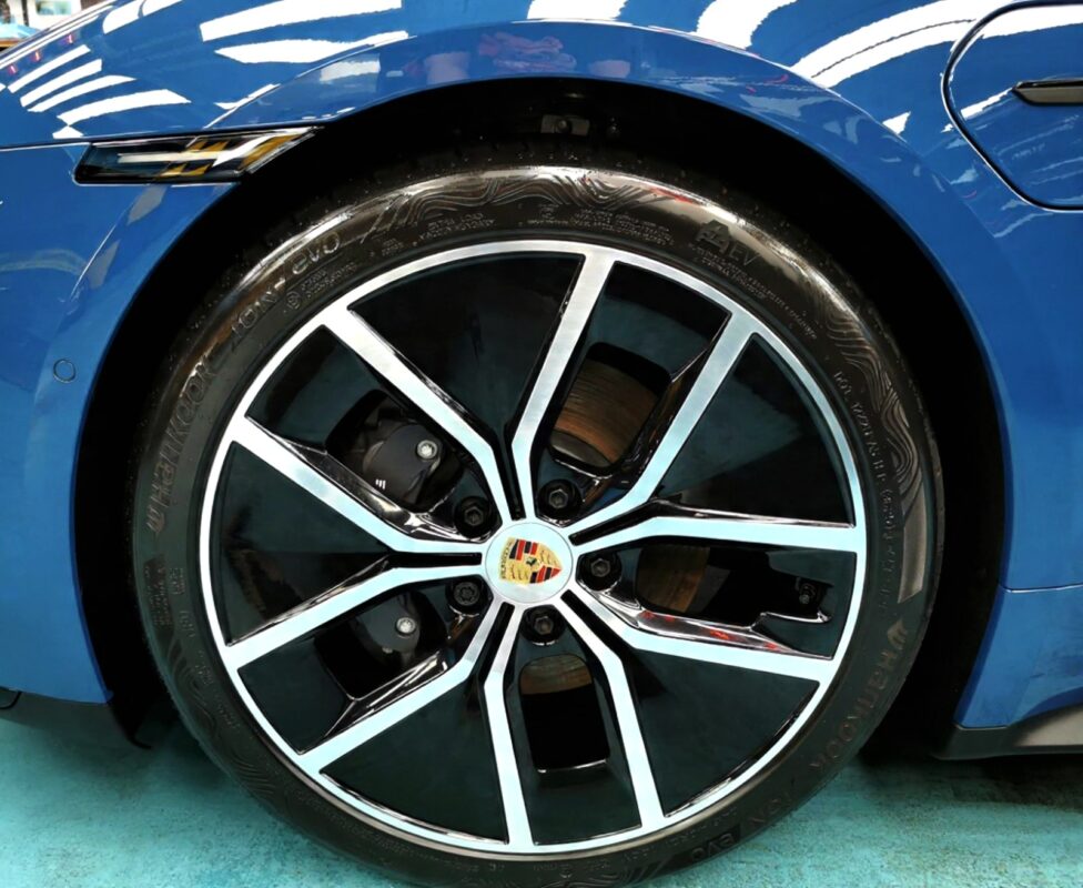 The Porsche Taycan with its fresh, coated finish.