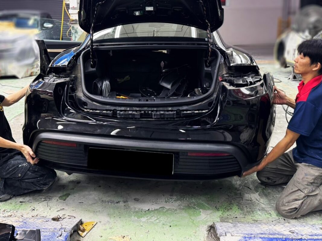 Porsche Taycan in the Revol Carz workshop for a full respray.