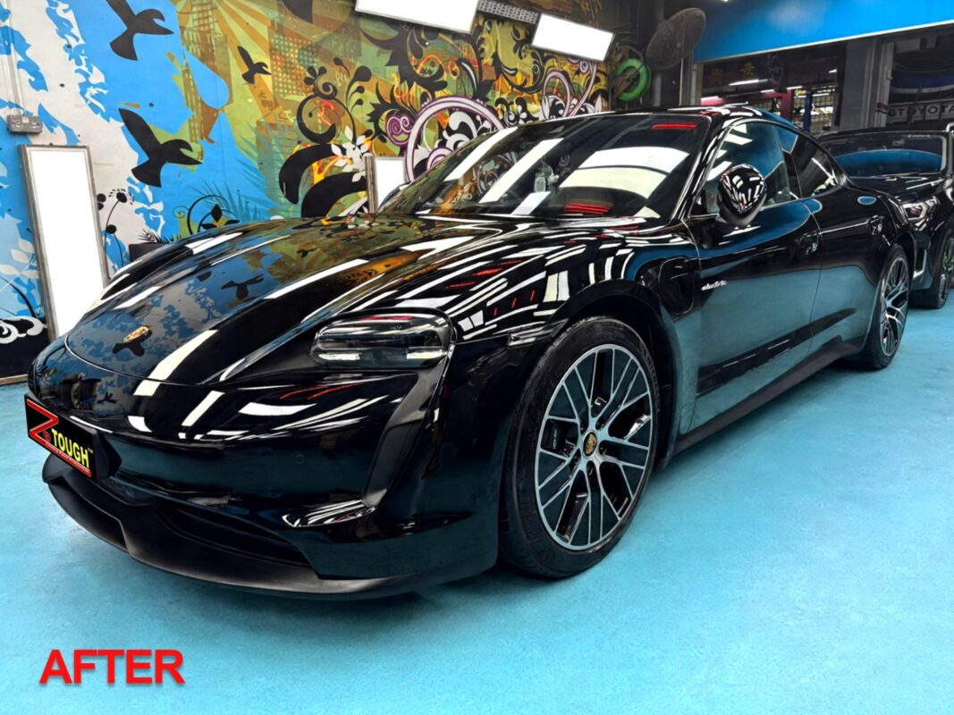 The Porsche Taycan after its respray.