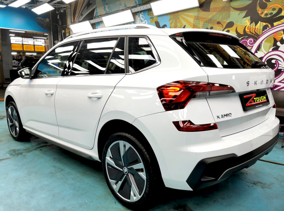 Rear quarter of the Skoda Kamiq, glossy and protected.