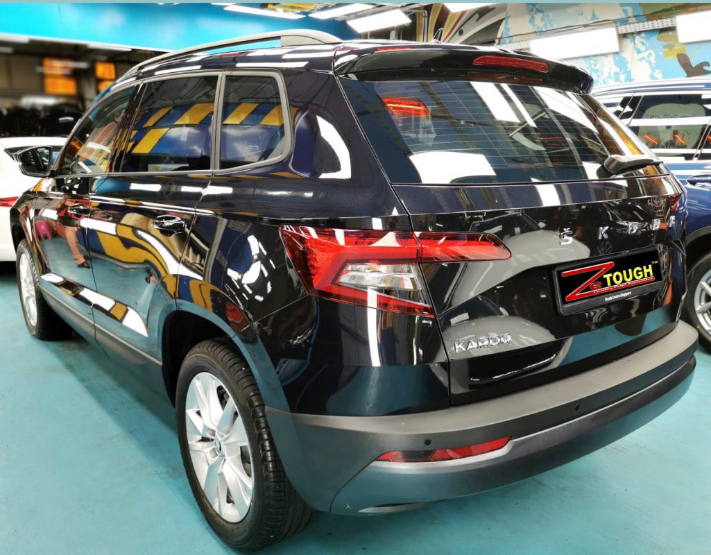 Rear quarter of the Skoda Karoq, glossy and protected.