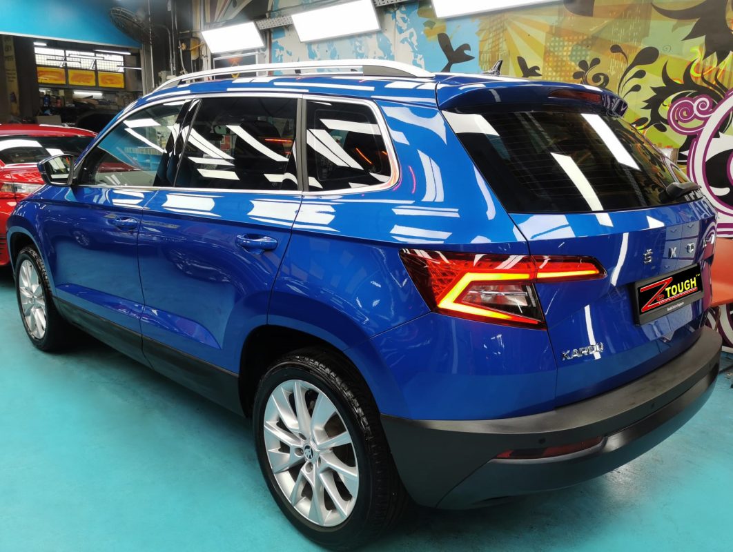 Rear quarter of the Karoq, glossy and protected.