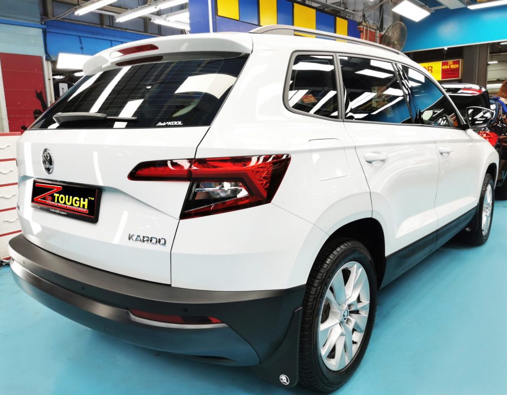 Rear quarter of the Karoq, glossy and protected.