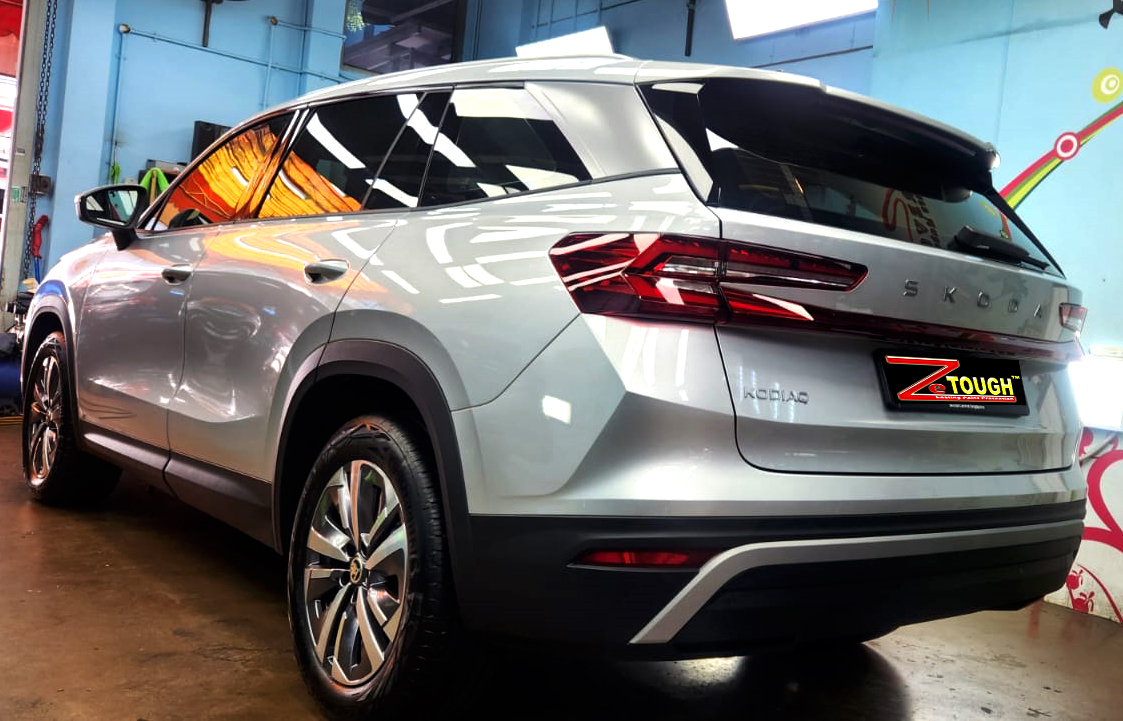 Rear quarter of the Skoda Kodiaq, glossy and protected.