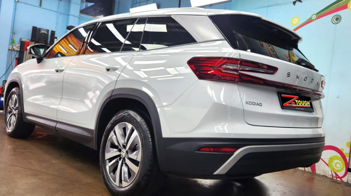 Rear quarter of the Skoda Kodiaq, glossy and protected.