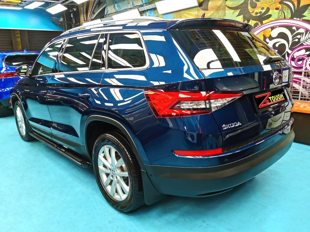 Rear quarter of the Skoda Kodiaq, glossy and protected.