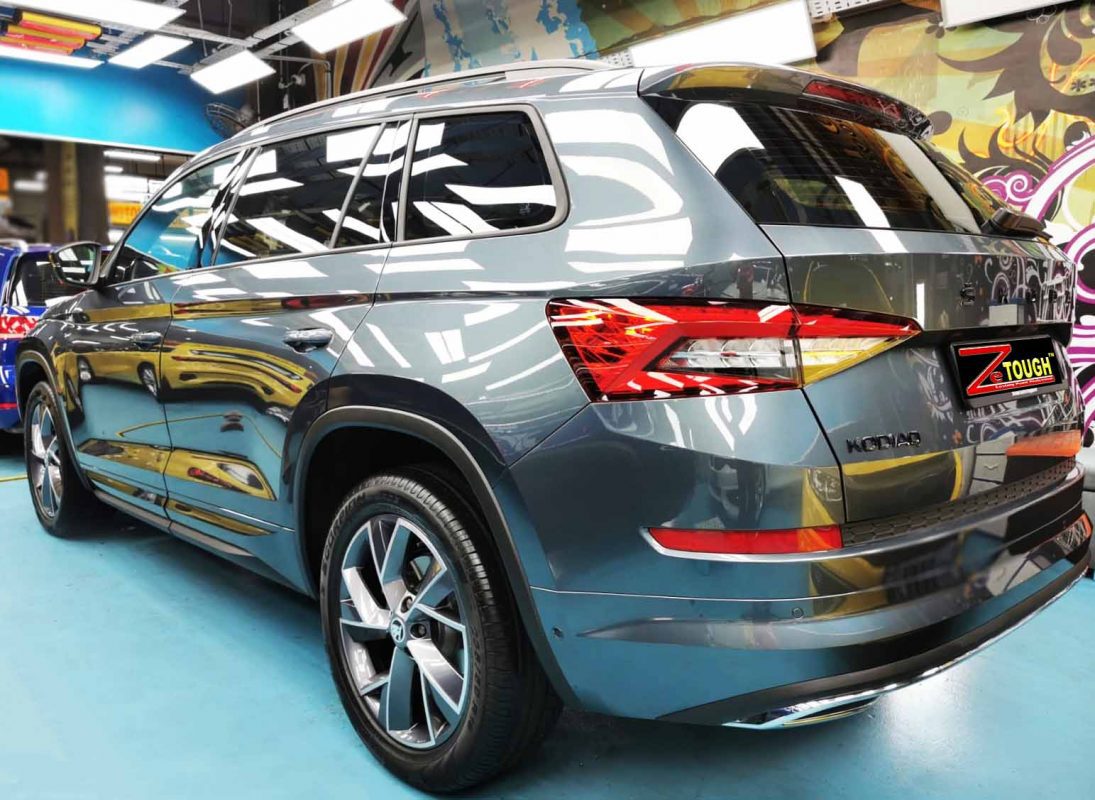 Rear quarter of the Skoda Kodiaq, glossy and protected.