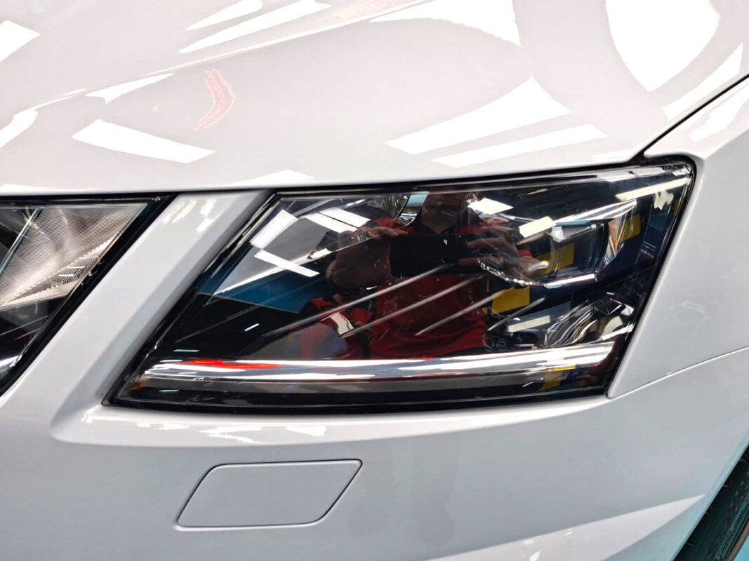 The Octavia's coated paintwork showing clean reflections.
