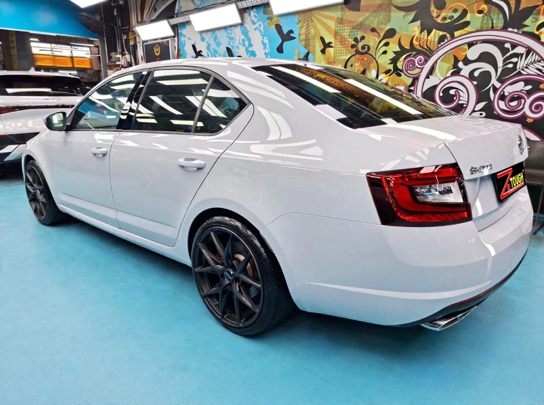 Rear quarter of the Skoda Octavia, glossy and protected.