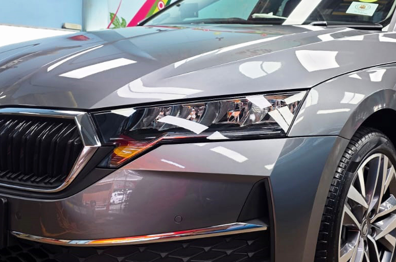 The Octavia's coated paintwork showing clean reflections.