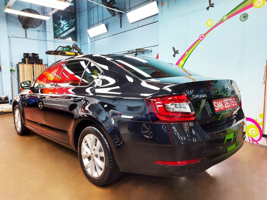 Rear three-quarter view of the coated Octavia.