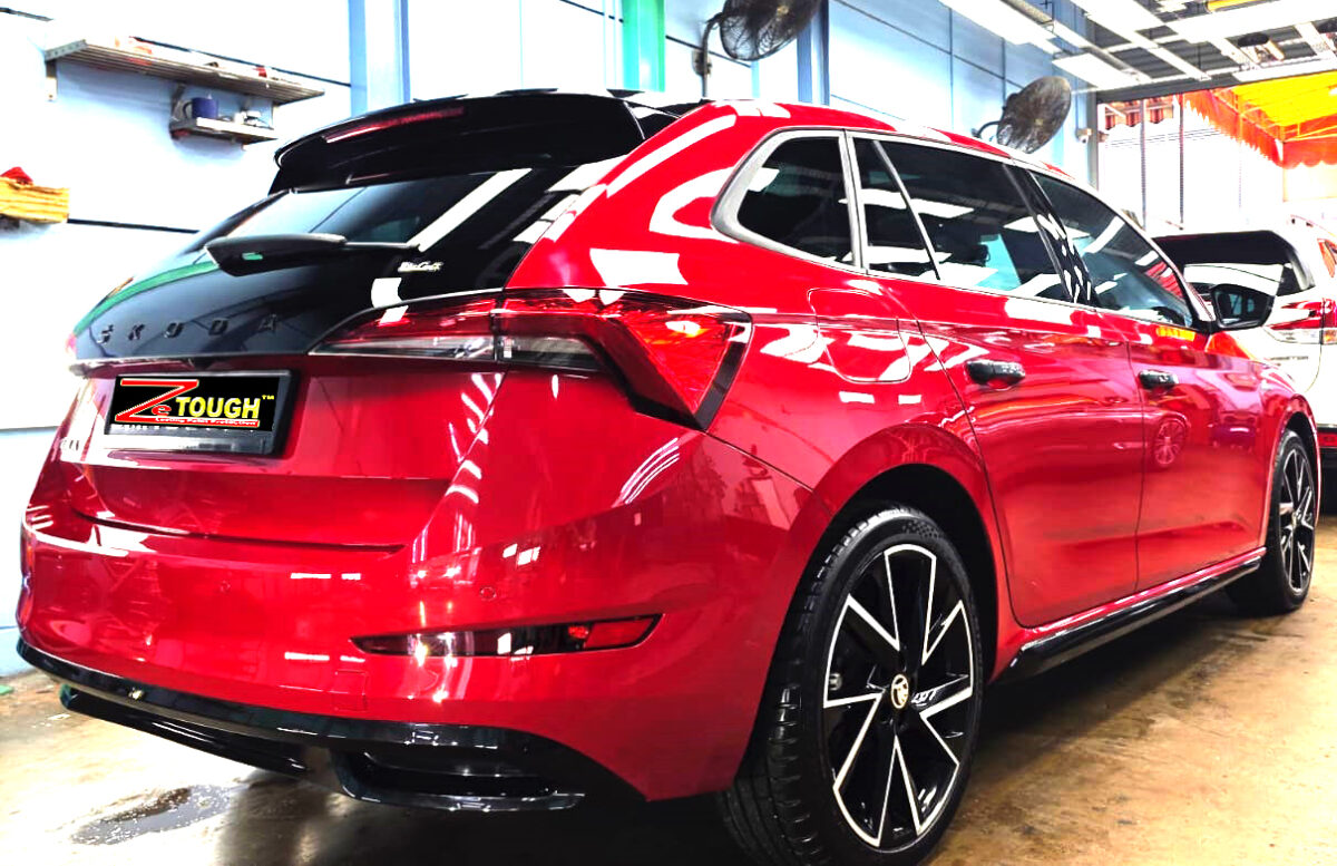 Rear quarter of the Skoda Scala, glossy and protected.