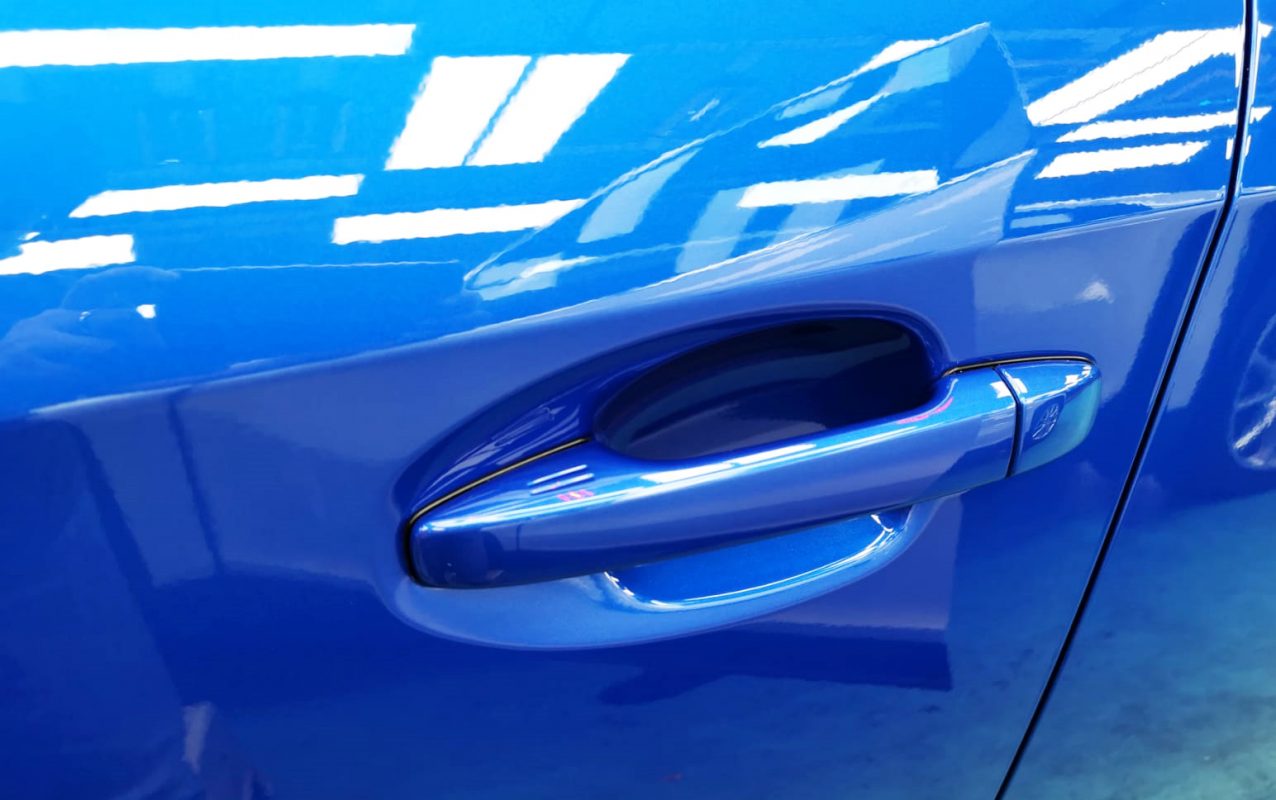 Front three-quarter view of the Subaru WRX after coating.