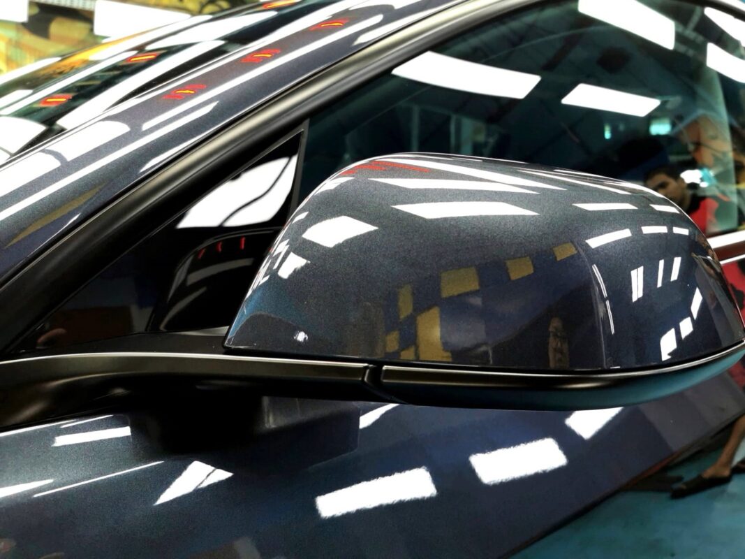 Detailed exterior of the Tesla Model 3.