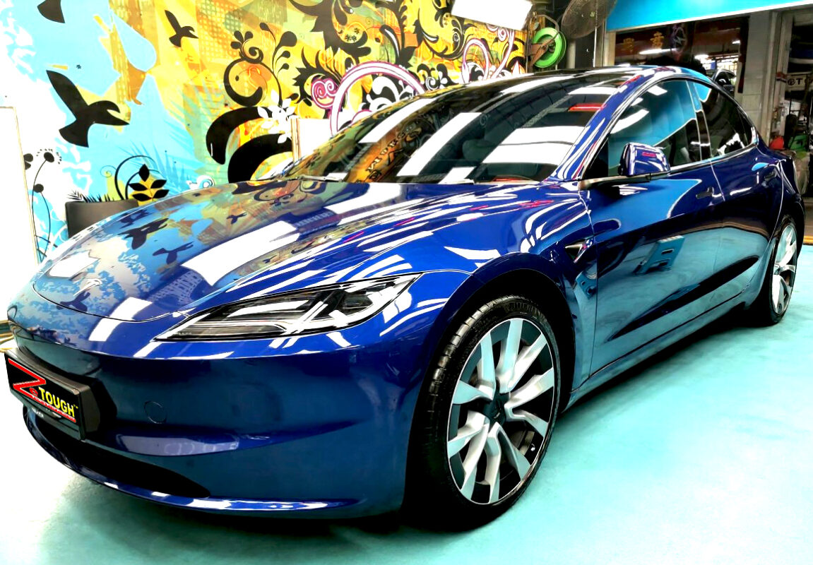 Tesla Model 3, glossy after its ZeTough Titanium coating.