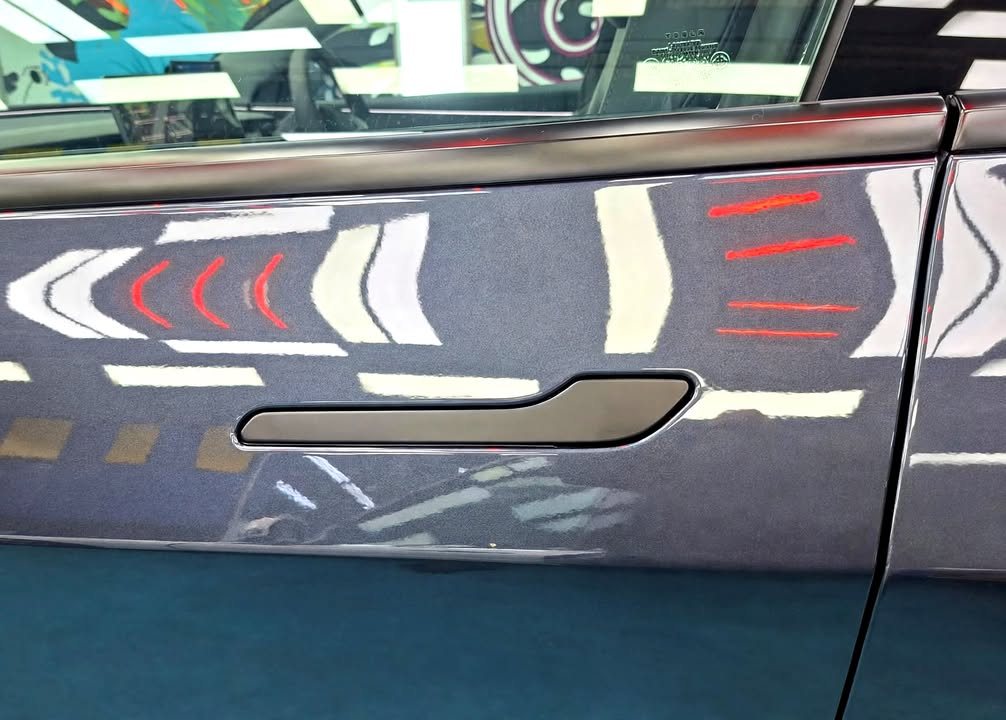 Door panel and flush handle of the Tesla with light reflections.
