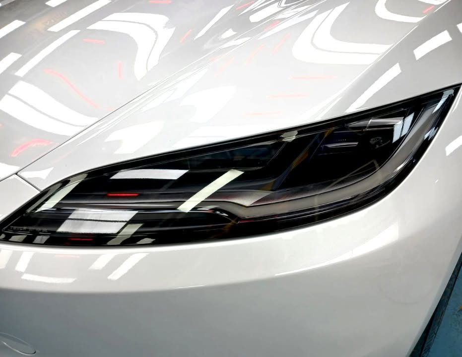 Close-up of the headlamp and white front wing.