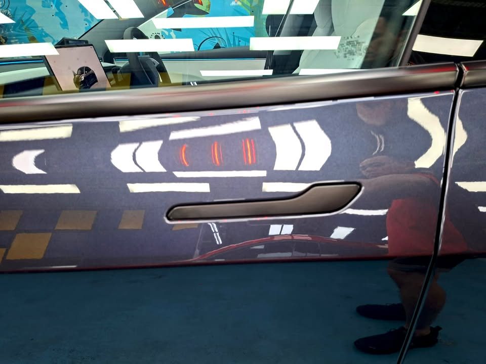 Door panel and flush handle of the Tesla with light reflections.