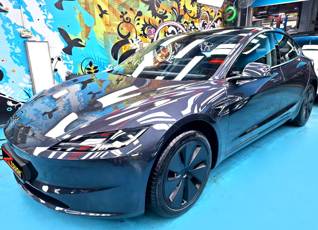 Tesla Model 3, glossy after its ZeTough Titanium coating.