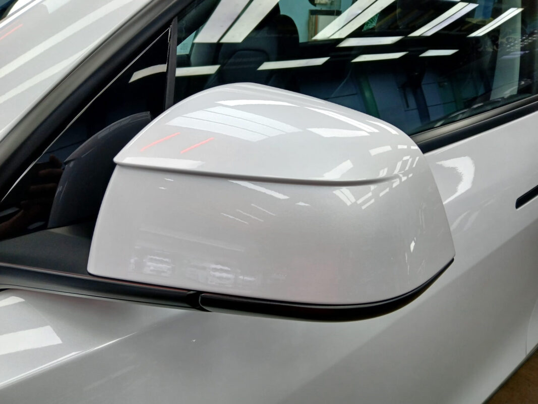 Side panel of the Tesla Model Y with the ceramic finish locked in.