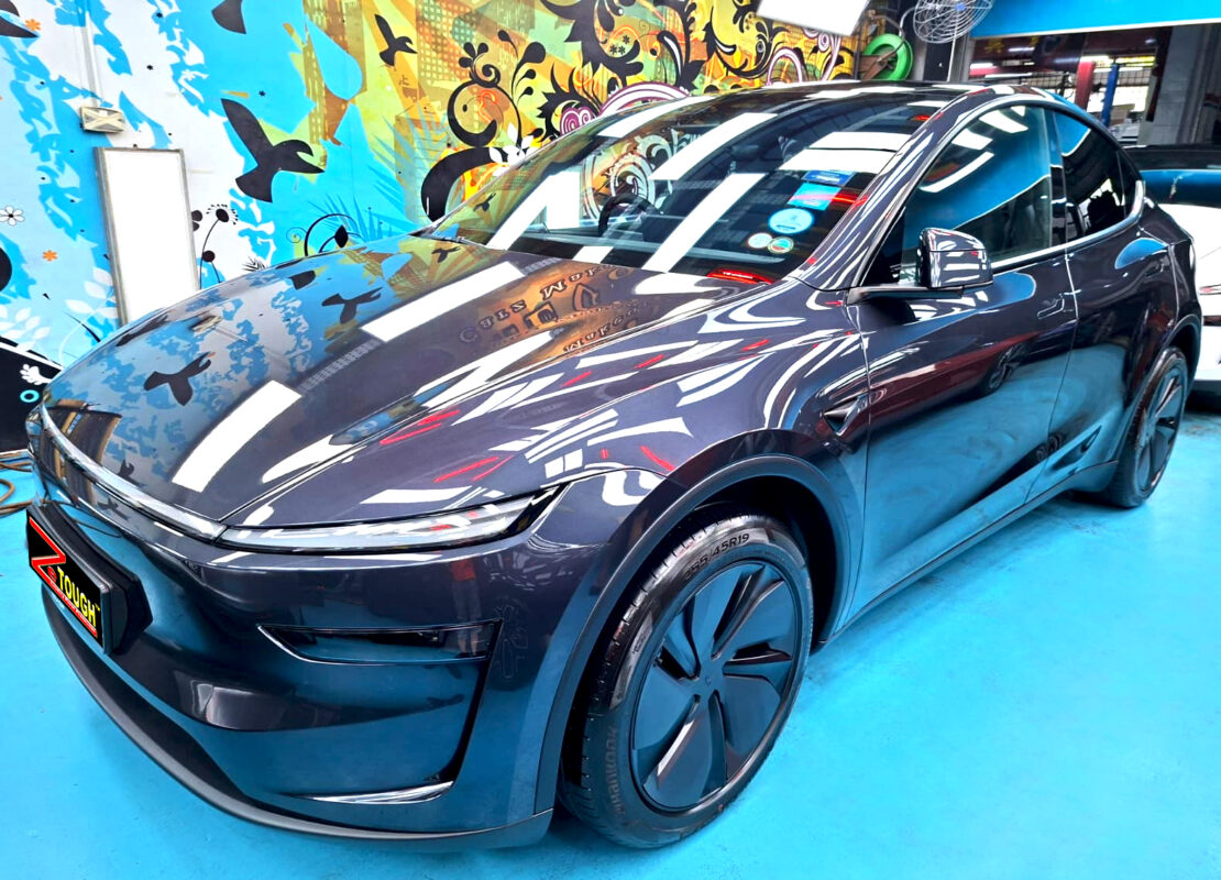 Tesla Model Y, glossy after its ZeTough Titanium coating.