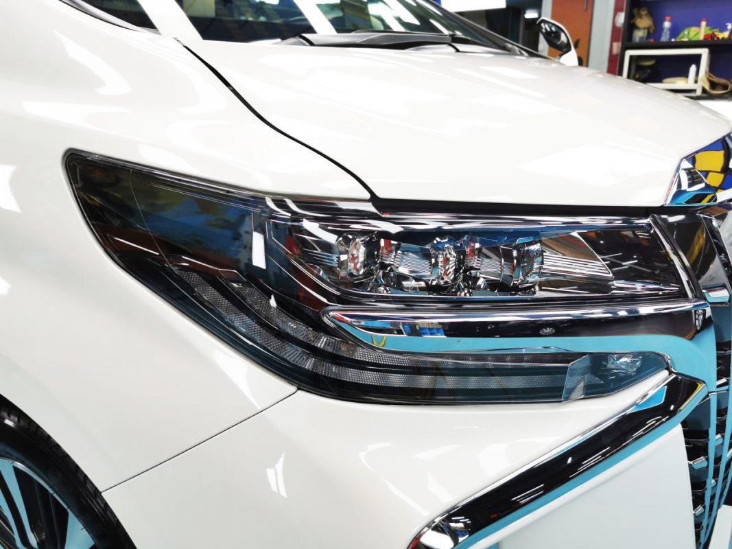 The Alphard's coated paintwork showing clean reflections.