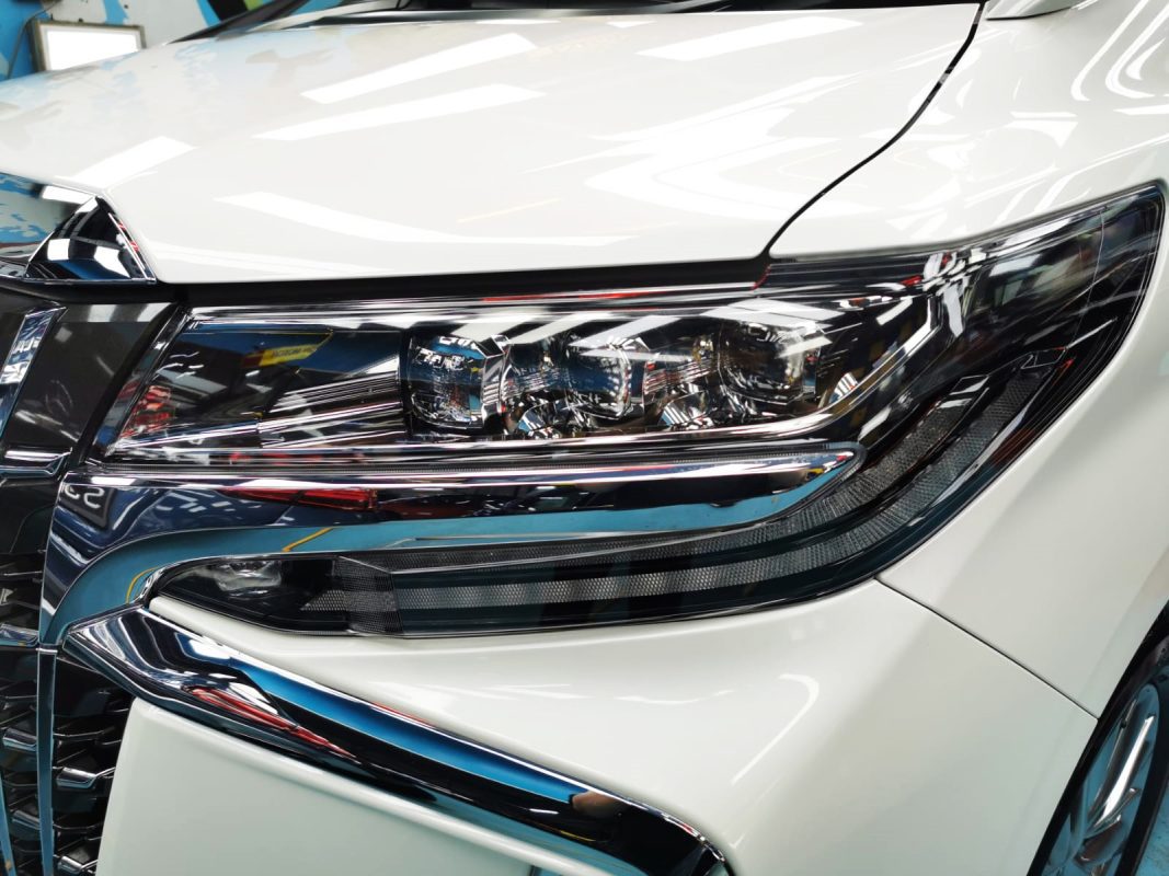 The Alphard's coated paintwork showing clean reflections.