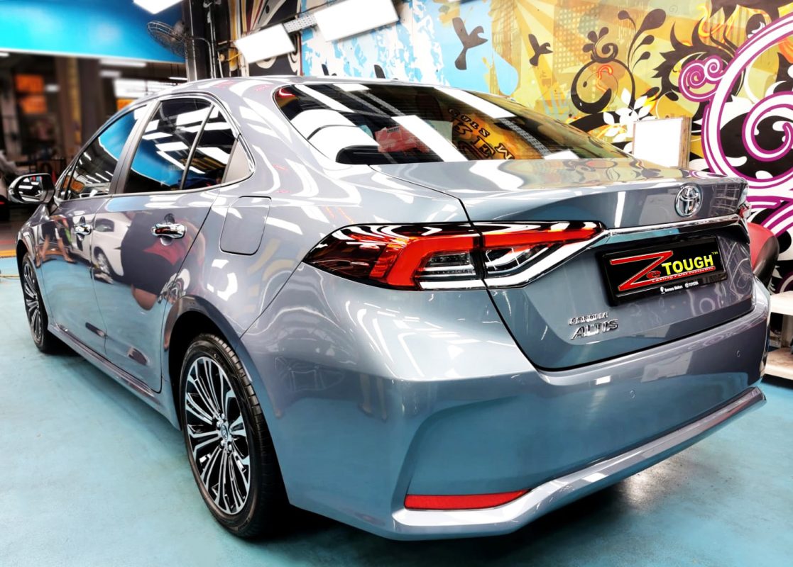 Rear quarter of the Toyota Corolla Altis Elegance, glossy and protected.