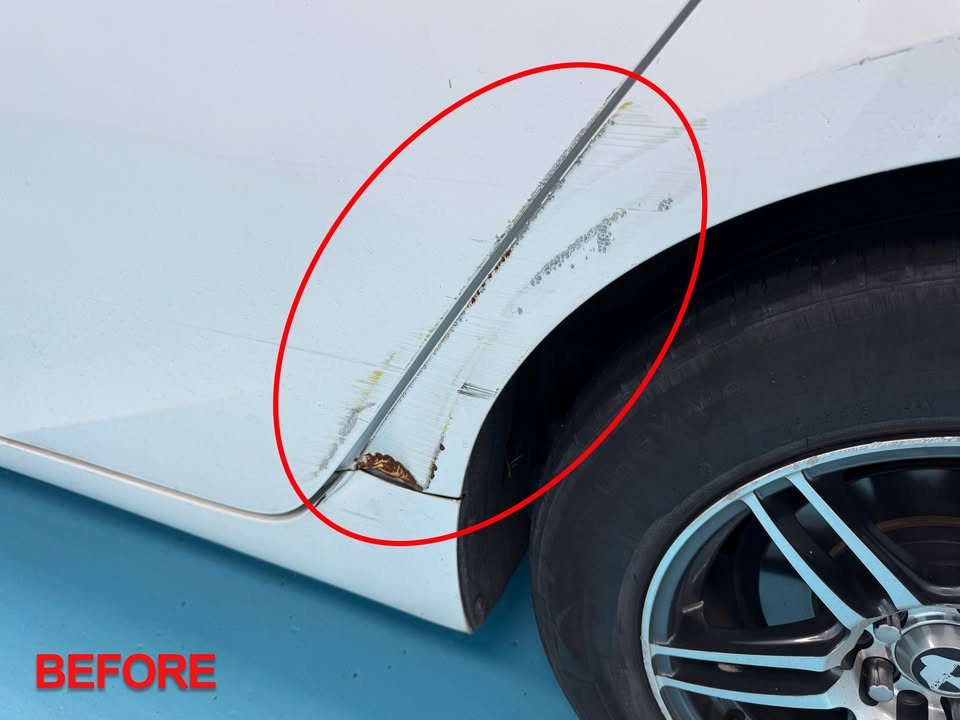 Front wheel arch of the white Prius with chipped paint circled in red.